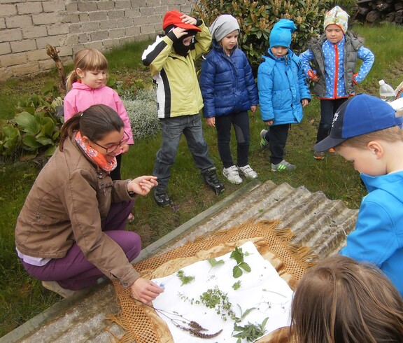 Caritas Pädagogin mit Kindern beim Kräuterinspizieren.