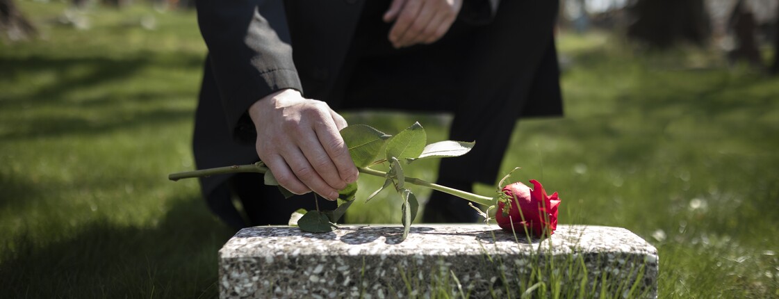 Eine Person legt eine Rose auf ein Grab.
