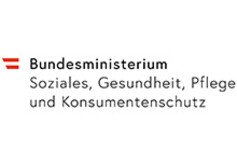 Schriftzug.  Bundesministerium - Soziales, Gesundheit, Pflege und Konsumentenschutz Schriftzug neben einer kleinen Österreich Flagge.