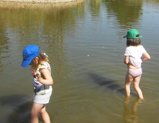 Die Kids aus dem Caritas Kindergarten Unterfrauenhaid beim Wassertreten im Dorfbach.