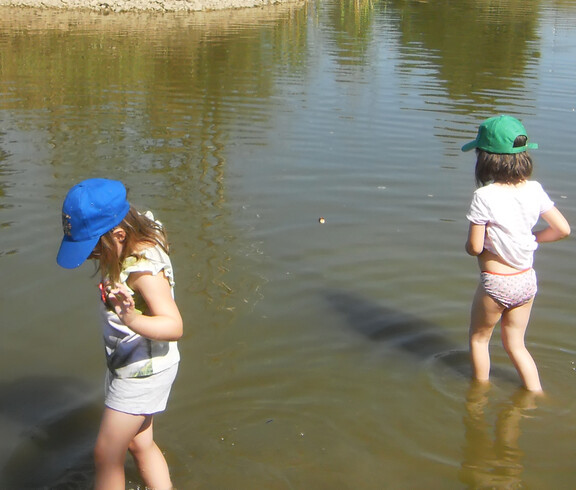 Die Kids aus dem Caritas Kindergarten Unterfrauenhaid beim Wassertreten im Dorfbach.
