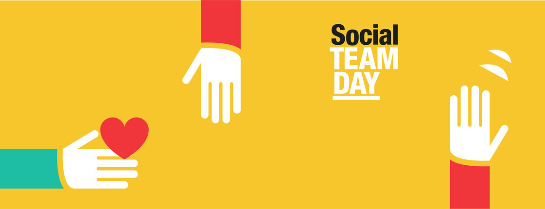 Ein gelber Banner mit Händen und Herzen. 